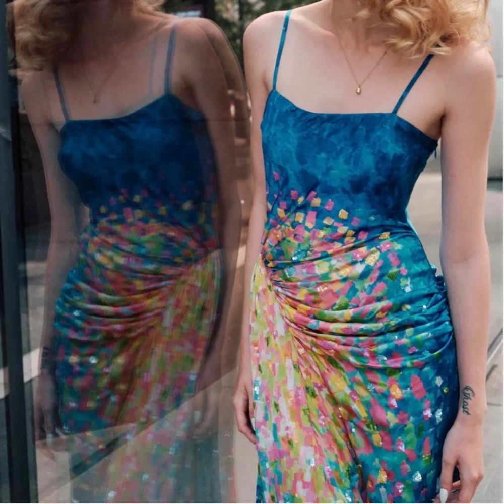 La Fuori Paillet Print Casa Dress In Blooming Sky Size Small NWT - Picture 13 of 14